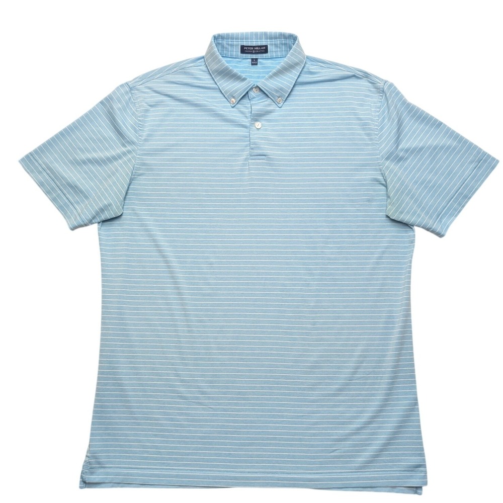 Peter Millar Crown Crafted Polo Mens Large Blue Striped Button Down Short Sleeve